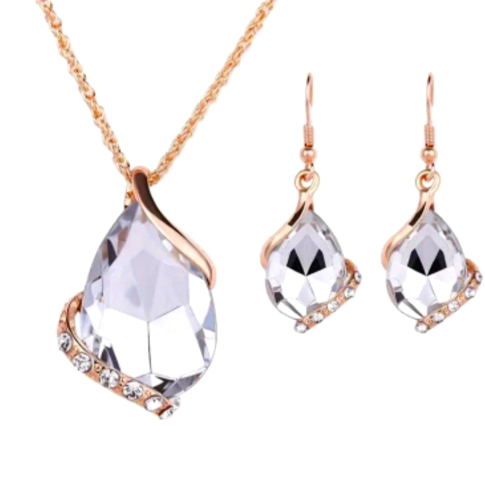 Teardrop Waterdrop Gold Diamond CZ Necklace Earrings Jewelry Set